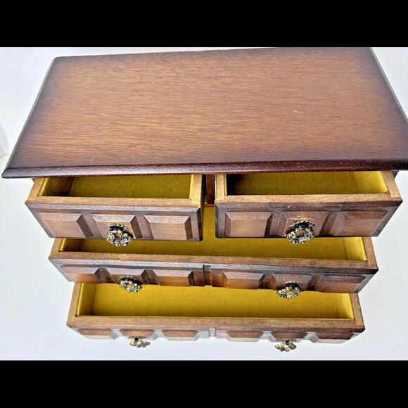Other - Vintage Brown Wood 4 Drawer Music Jewelry Box Chest Yellow Velvet 7"H x 10.5"L